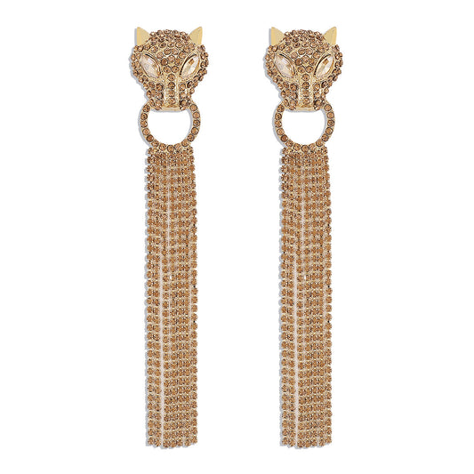 Luxury Leopard Head Earrings With Tassel Rhinestones Earrings