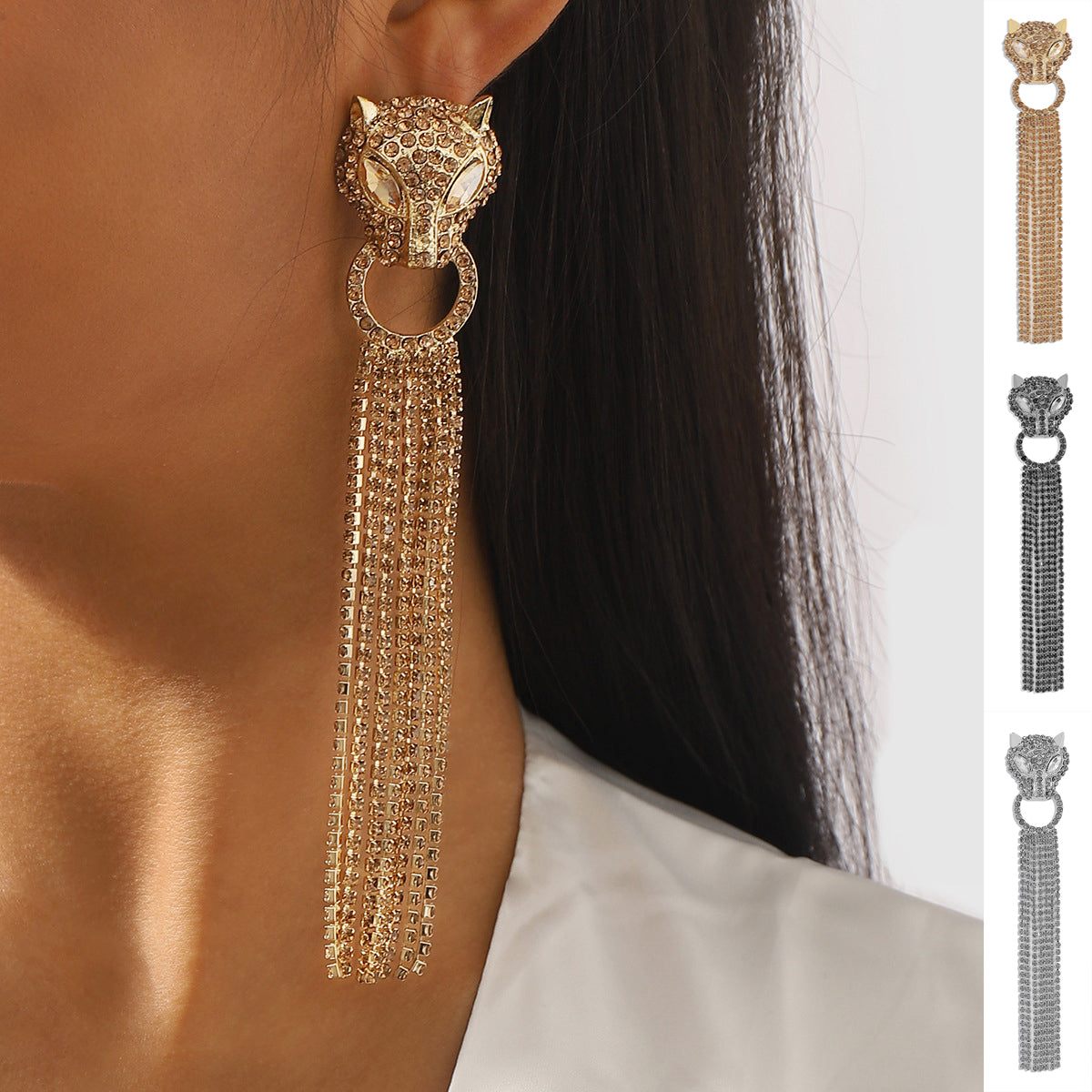 Luxury Leopard Head Earrings With Tassel Rhinestones Earrings