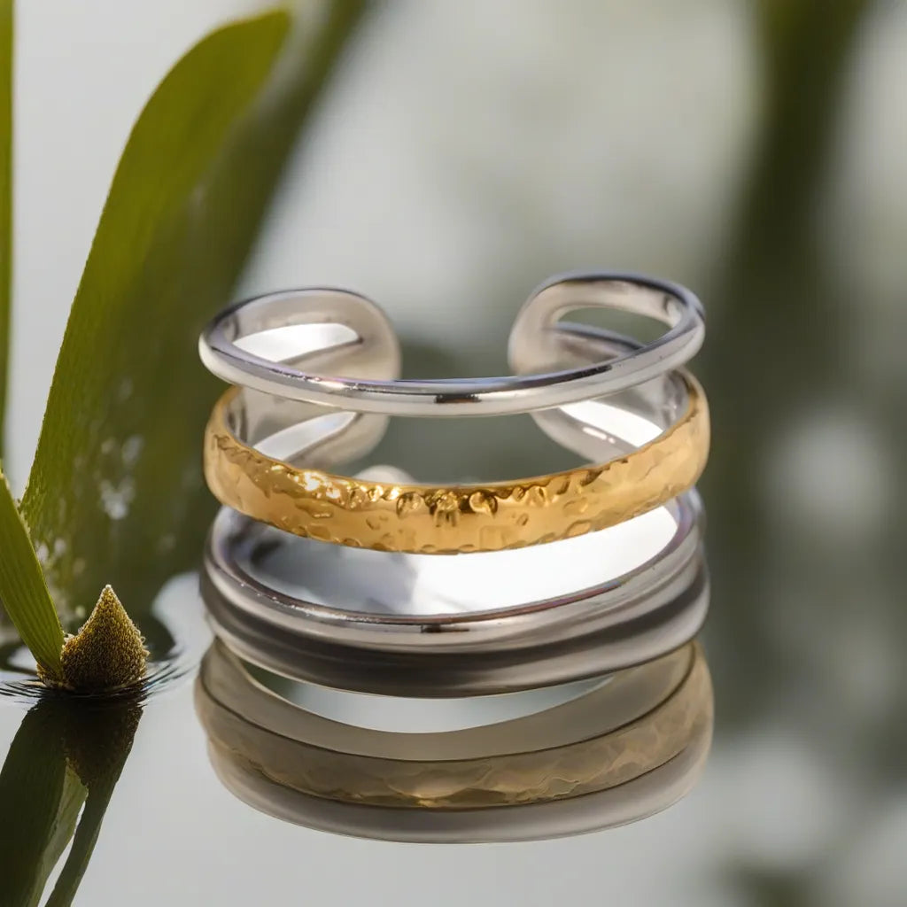 18k Gold Plated Stainless Steel Three Layer Open Hollow Ring