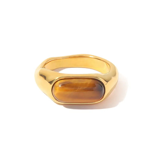 18K Gold Plated Stainless Steel Tiger Eye Stone Amber Ring